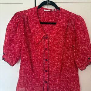 Vintage Chaus Blouse, Red with white polka dots and navy button and piping